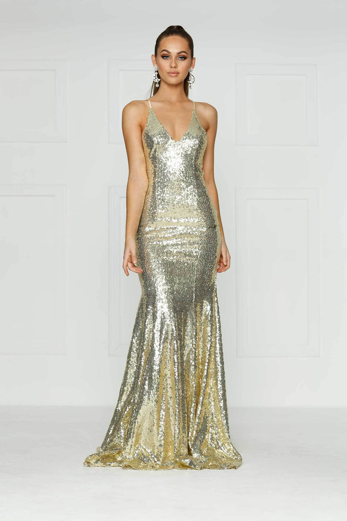 A&N Boutique Custom Gigi Sequin Gown - Champagne Gigi - Champagne Sequinned Dress with V Neck and Criss Cross Back