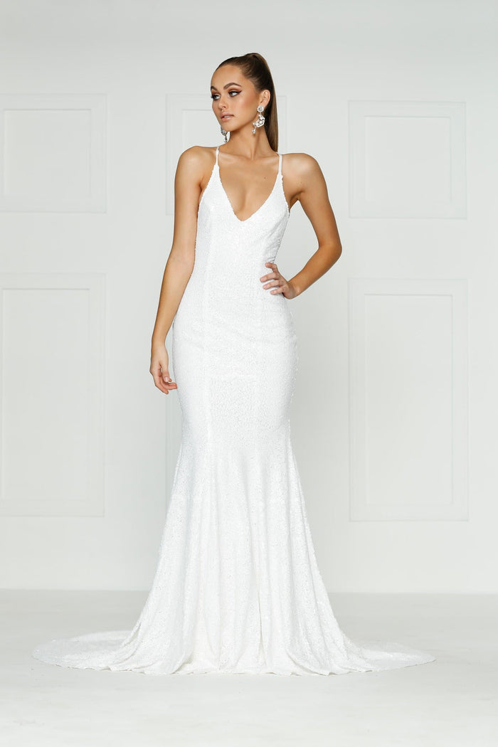 A&N Boutique Custom Kendall Sequin Gown - White Kendall - White Sequin Dress with Criss Cross Back and V Neck