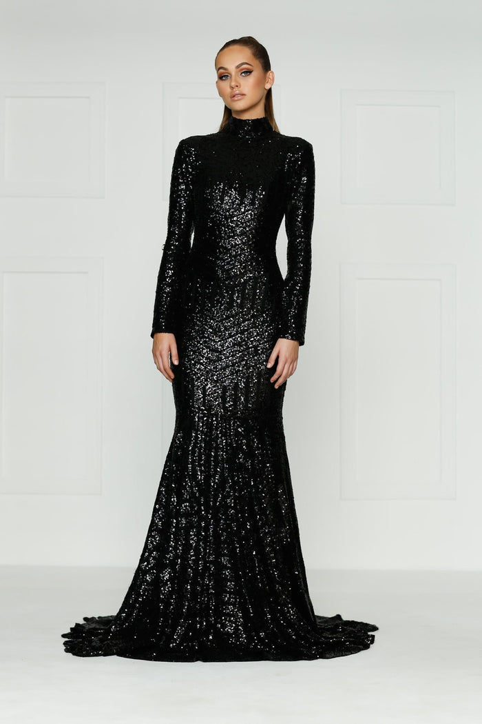 A&N Boutique Custom Liz Sequin Gown - Black Liz - Black High Neck Sequins Gown with Long Sleeves
