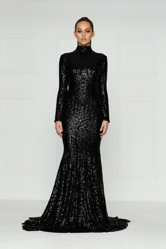 A&N Boutique Custom Liz Sequin Gown - Black Liz - Black High Neck Sequins Gown with Long Sleeves