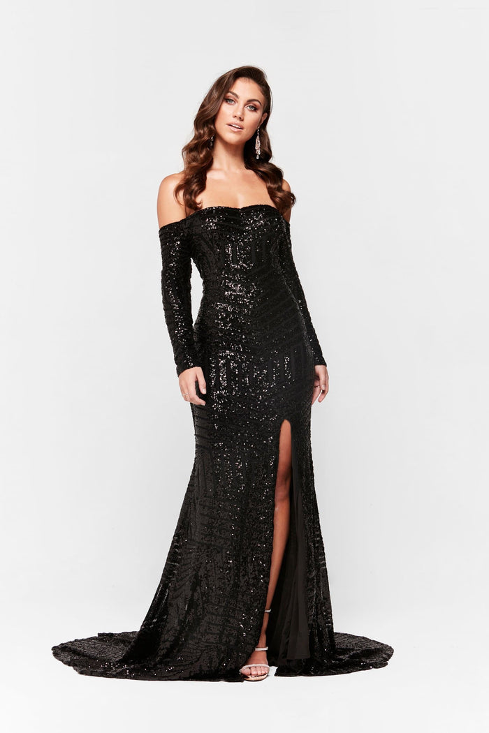 A&N Boutique Custom Jade Sequin Gown - Black Jade- Black Sequin Gown with Long Off Shoulder Sleeves & Side Slit