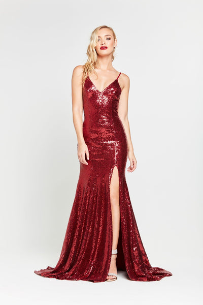 A&N Kara- Deep Red Sequinned Dress with V-Neck and Side Slit