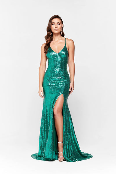 A&N Kara- Emerald Formal Dress with Lace Up Back and Side Slit