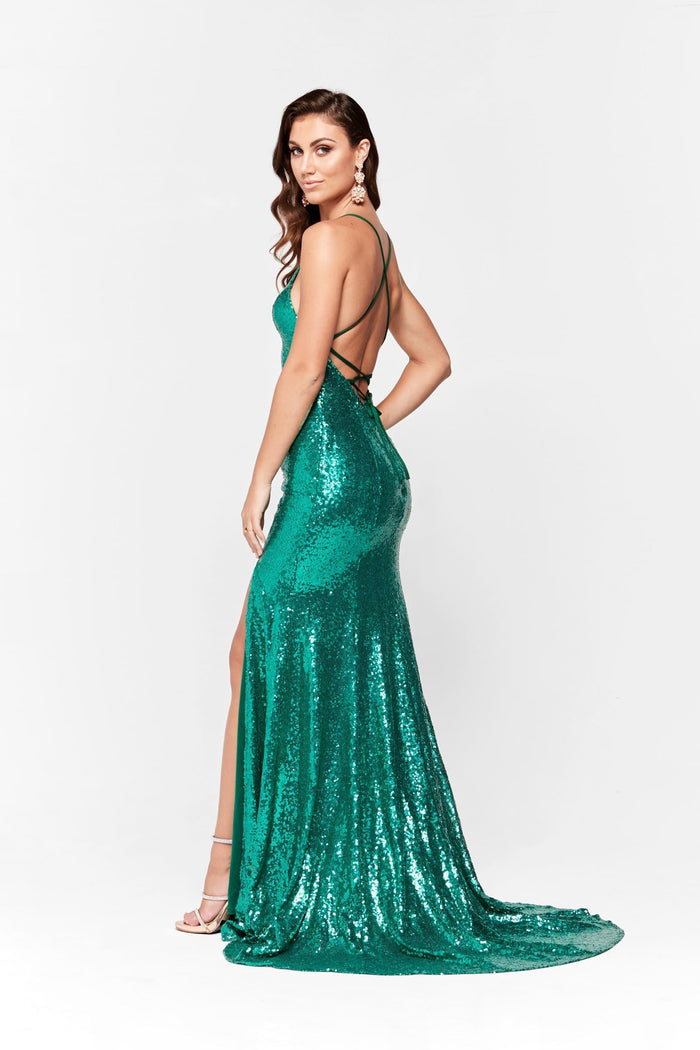 A&N Boutique Custom Kara Sequin Gown - Emerald Kara- Emerald Formal Dress with Lace Up Back and Side Slit