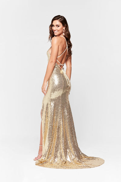 A&N Kara- Gold Sequinned Dress with Slit and Lace Up Back