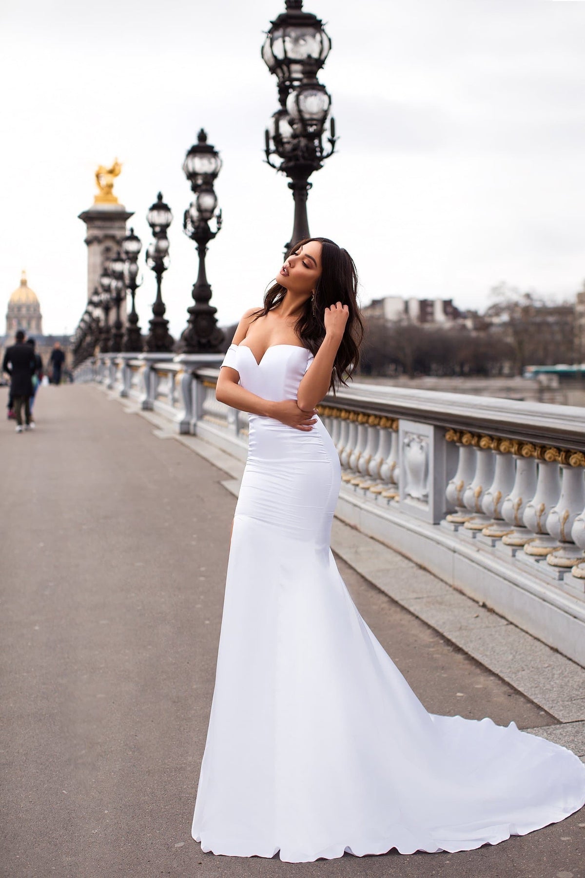 Madelina White Off Shoulder Satin Gown with Long Mermaid Train