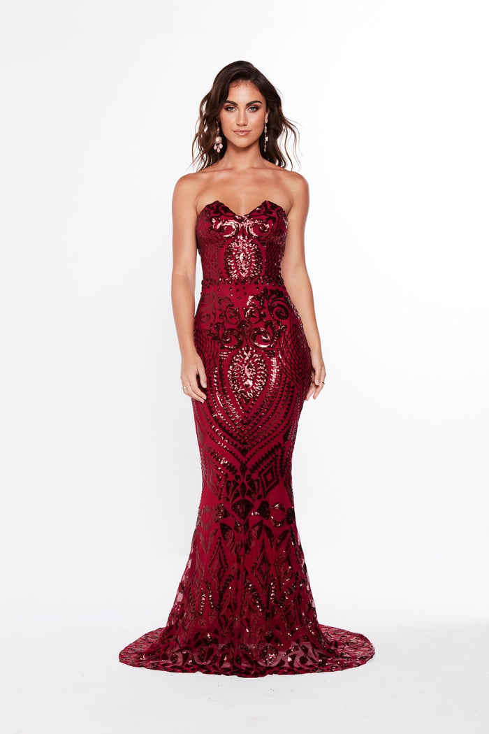 A&N Boutique Custom Valery Sequin Gown - Burgundy Valery - Burgundy Sequin Gown with Mermaid Train