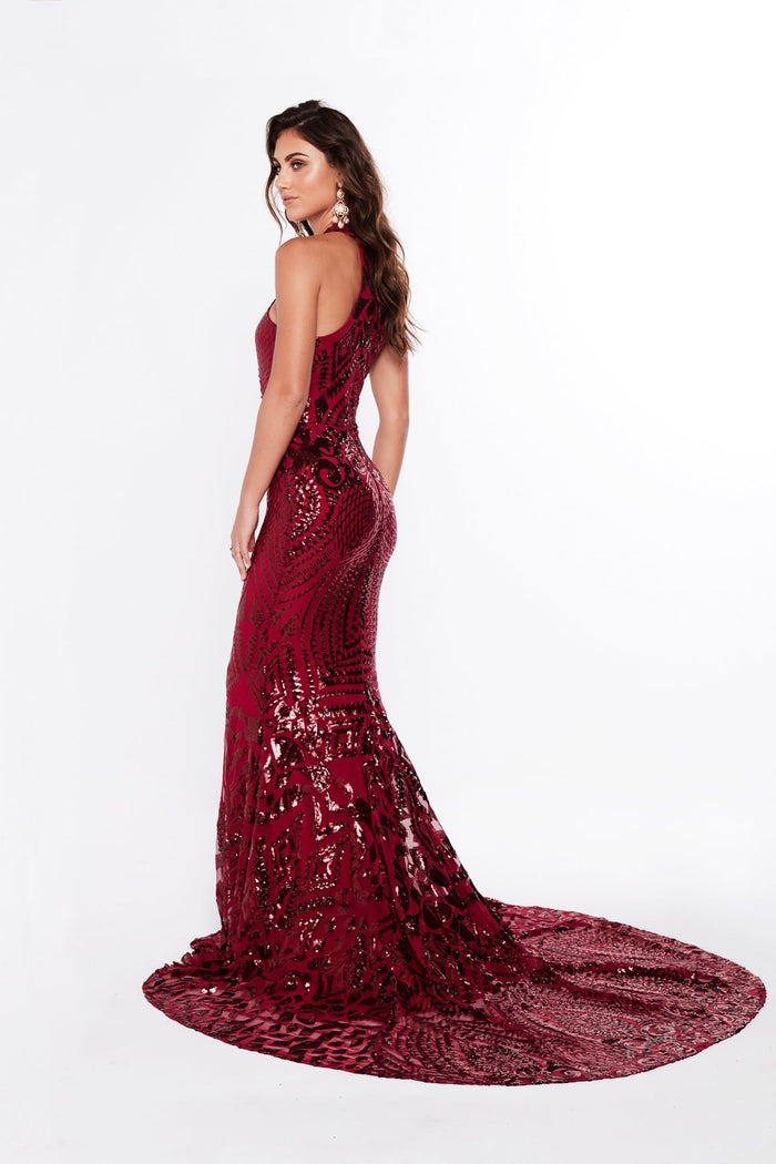 A&N Boutique Custom Fabiana Sequin Gown - Burgundy Fabiana- Sequin Burgundy Gown with High Neckline and Mermaid Train