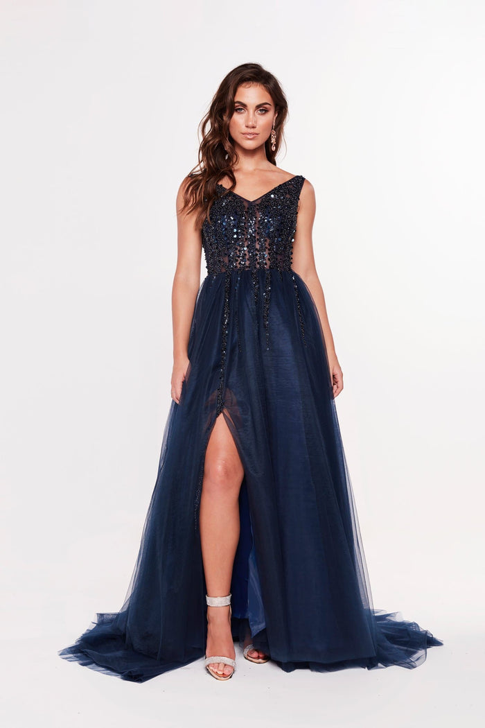 A&N Boutique Custom Princessa Tulle High V Gown - Navy Princessa - Navy Tulle Gown with Beaded Bodice