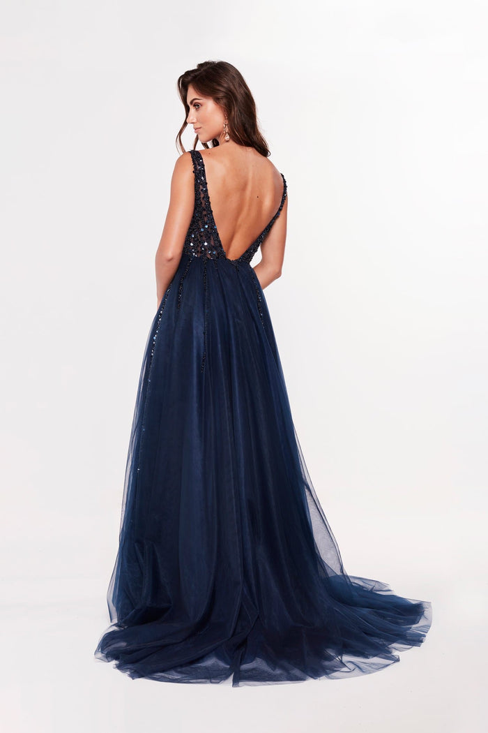 A&N Boutique Custom Princessa Tulle High V Gown - Navy Princessa - Navy Tulle Gown with Beaded Bodice