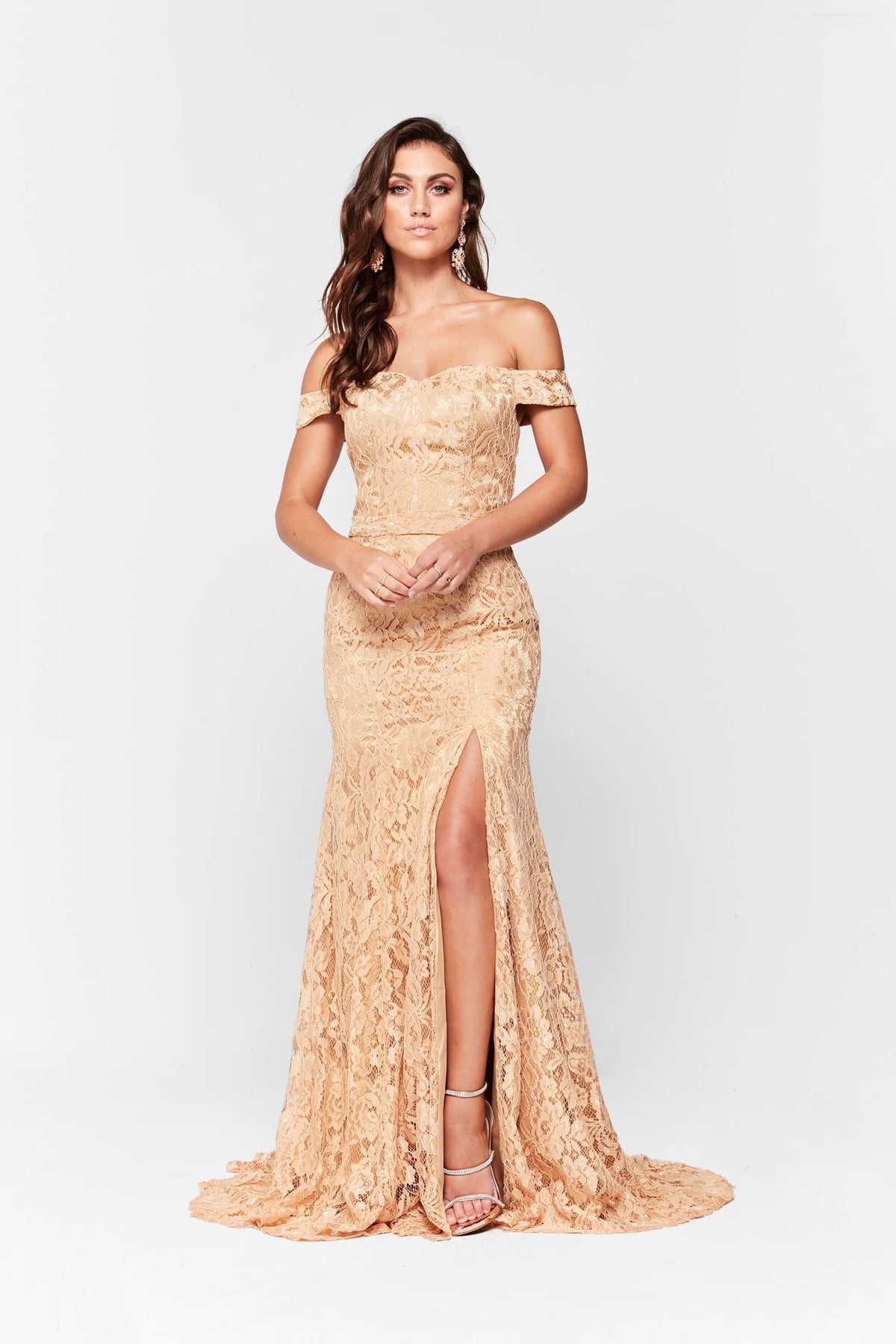 A&N Boutique Custom A&N Luxe Leyla Lace Gown - Gold  A&N Leyla - Gold Off-Shoulder Lace Gown with Side Slit