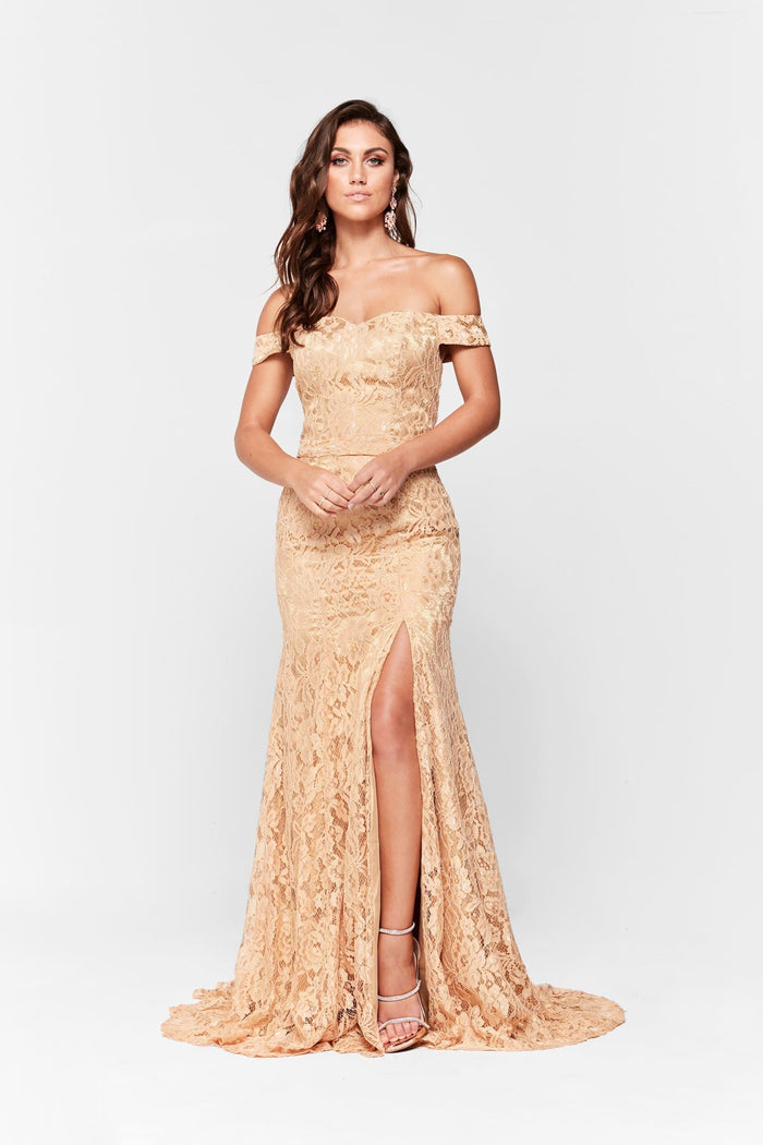 A&N Boutique Custom A&N Luxe Leyla Lace Gown - Gold  A&N Leyla - Gold Off-Shoulder Lace Gown with Side Slit