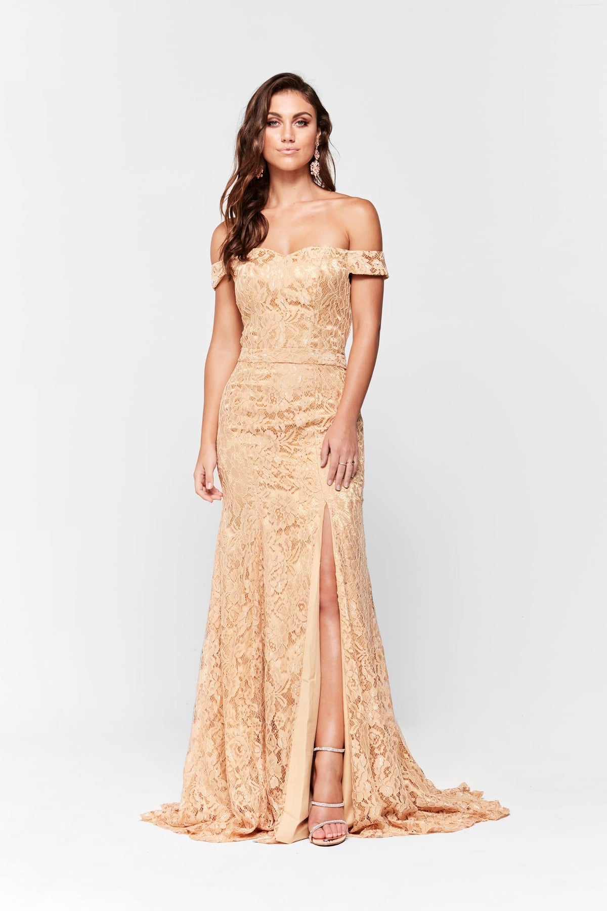 A&N Boutique Custom A&N Luxe Leyla Lace Gown - Gold  A&N Leyla - Gold Off-Shoulder Lace Gown with Side Slit