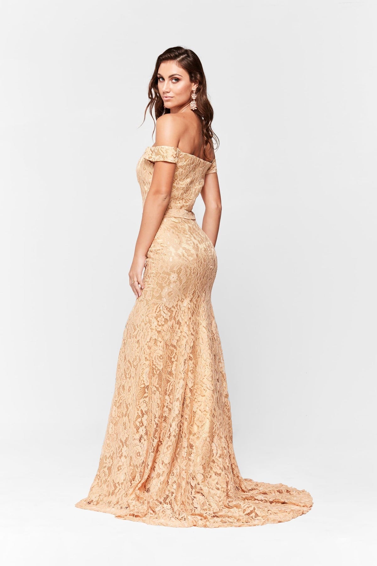 A&N Boutique Custom A&N Luxe Leyla Lace Gown - Gold  A&N Leyla - Gold Off-Shoulder Lace Gown with Side Slit