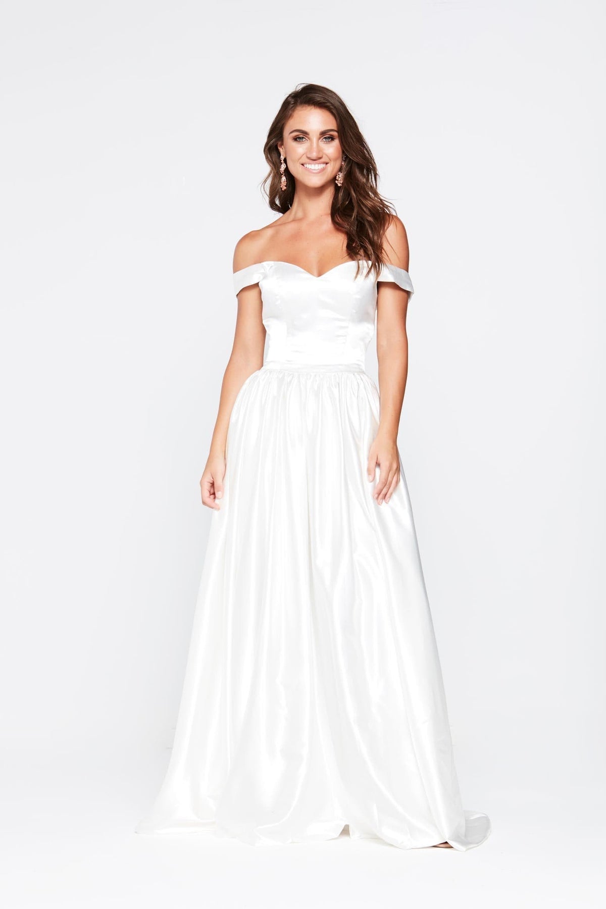 A&N Oddette - White Off Shoulder Satin Gown with A Line Skirt