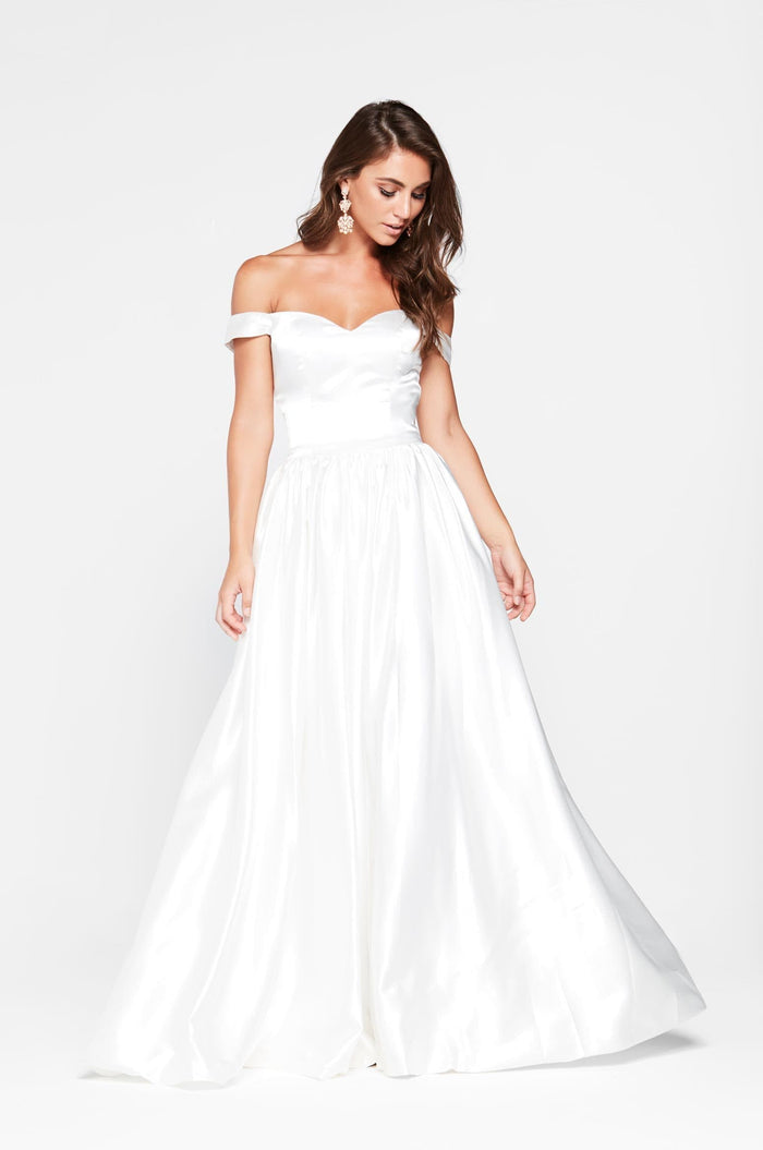 A&N Boutique Custom Oddette Satin Gown - White Oddette - White Off Shoulder Satin Gown with A Line Skirt