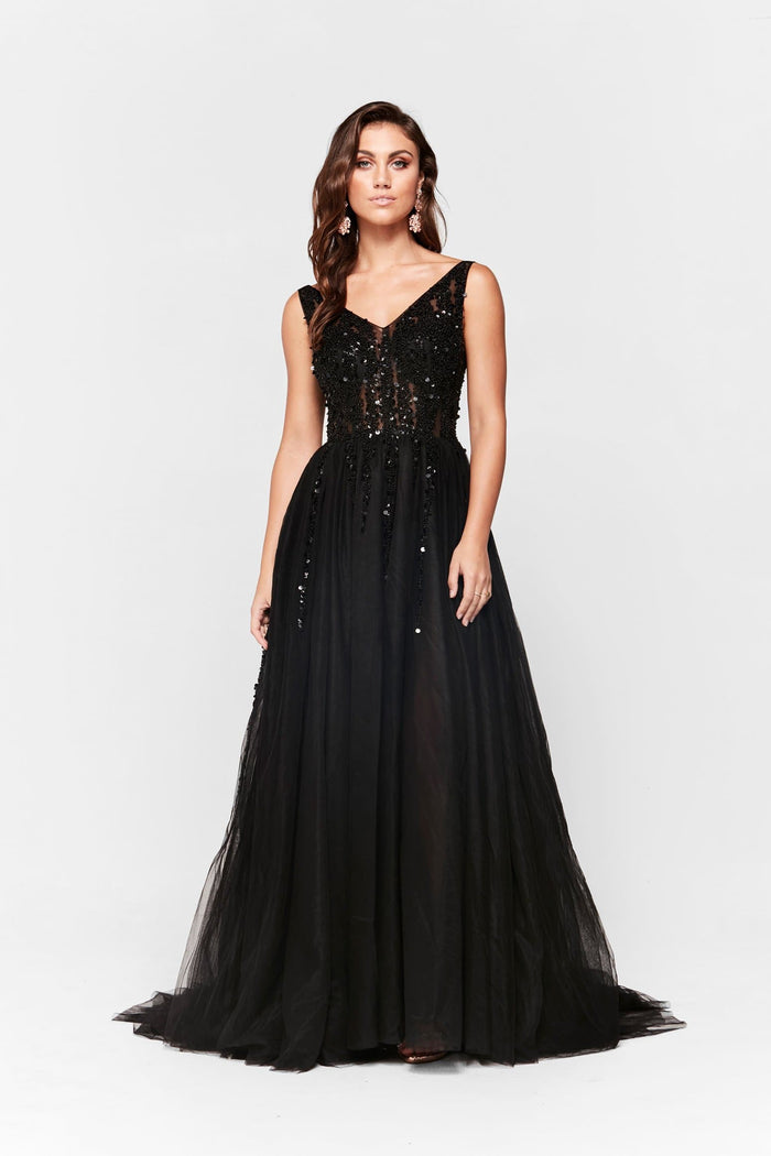 A&N Boutique Custom Princessa Tulle Gown - Black Princessa - Black Tulle Gown with Low Back and Beaded Bodice