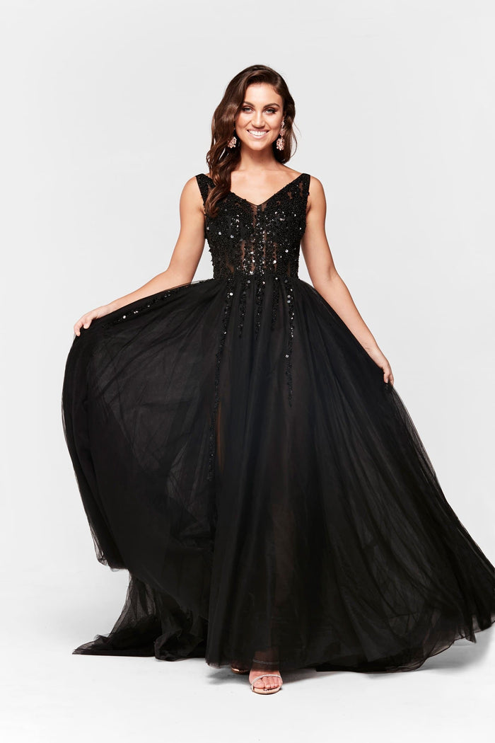 A&N Boutique Custom Princessa Tulle Gown - Black Princessa - Black Tulle Gown with Low Back and Beaded Bodice