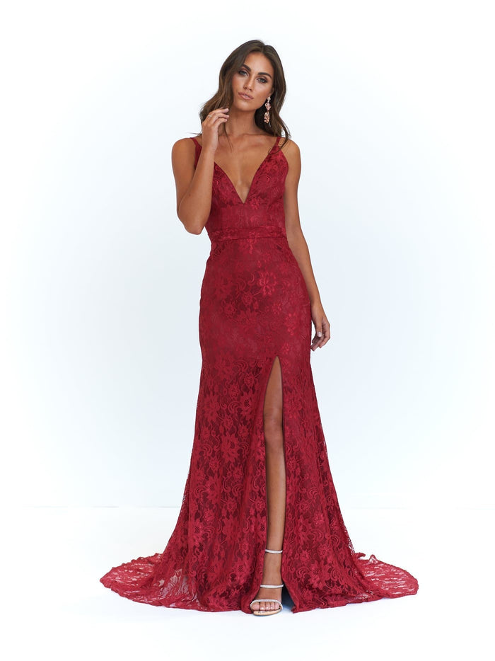 A&N Boutique Custom A&N Luxe Ayla Lace Gown - Deep Red A&N Ayla - Lace V Neck Gown with Front Slit in Deep Red
