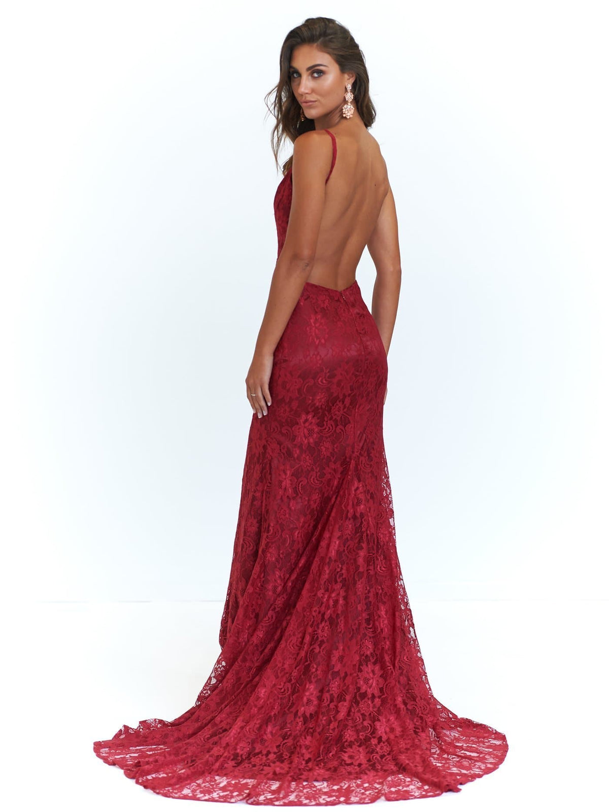 A&N Boutique Custom A&N Luxe Ayla Lace Gown - Deep Red A&N Ayla - Lace V Neck Gown with Front Slit in Deep Red