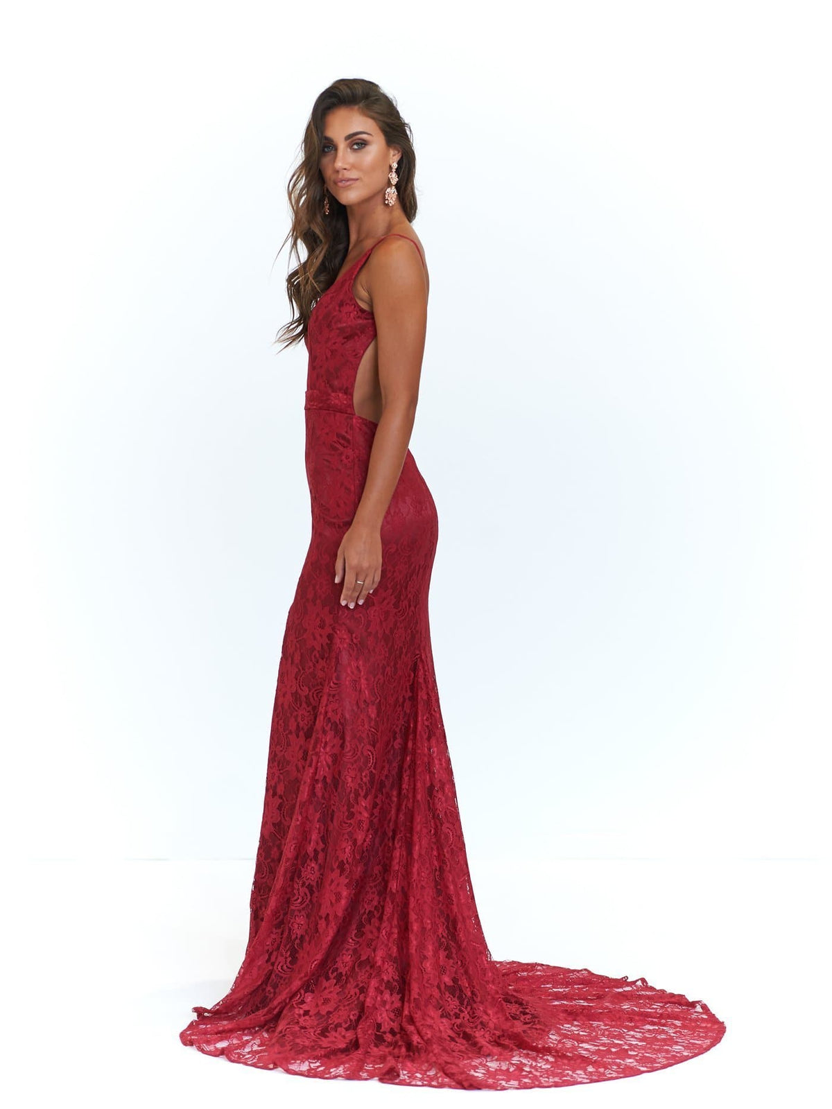 A&N Boutique Custom A&N Luxe Ayla Lace Gown - Deep Red A&N Ayla - Lace V Neck Gown with Front Slit in Deep Red