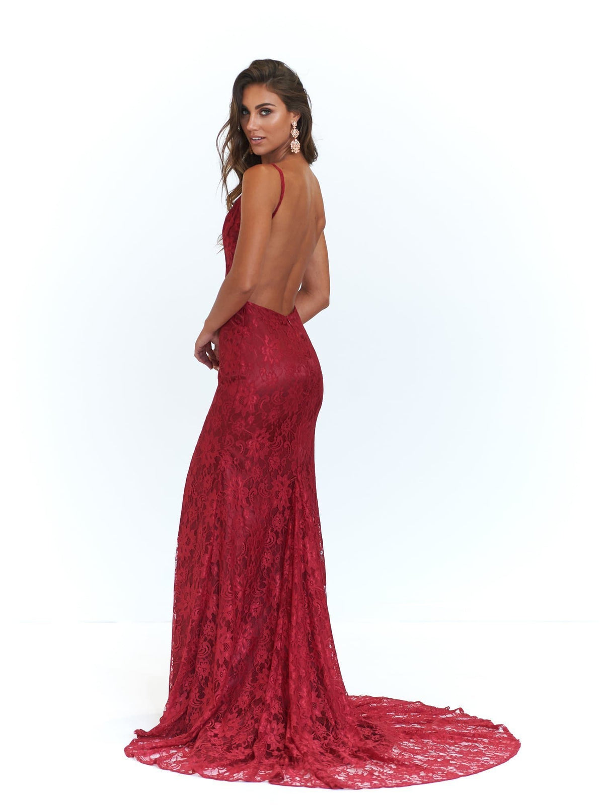 A&N Boutique Custom A&N Luxe Ayla Lace Gown - Deep Red A&N Ayla - Lace V Neck Gown with Front Slit in Deep Red