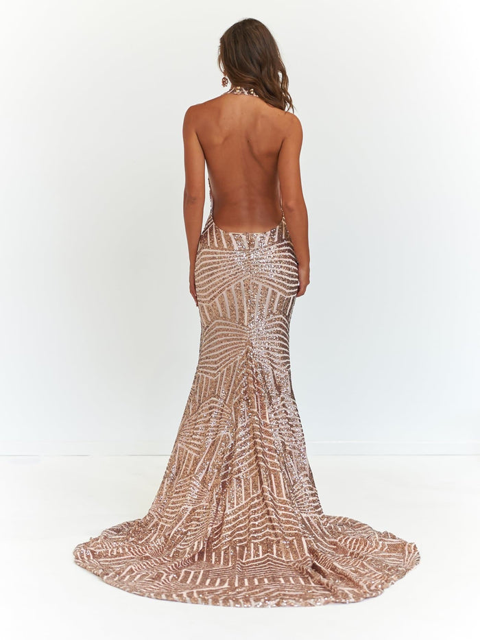 A&N Boutique Custom Cleopatra Sequin Gown - Rose Gold Cleopatra - Rose Gold Sequins Dress with Plunge Neck and Side Slit