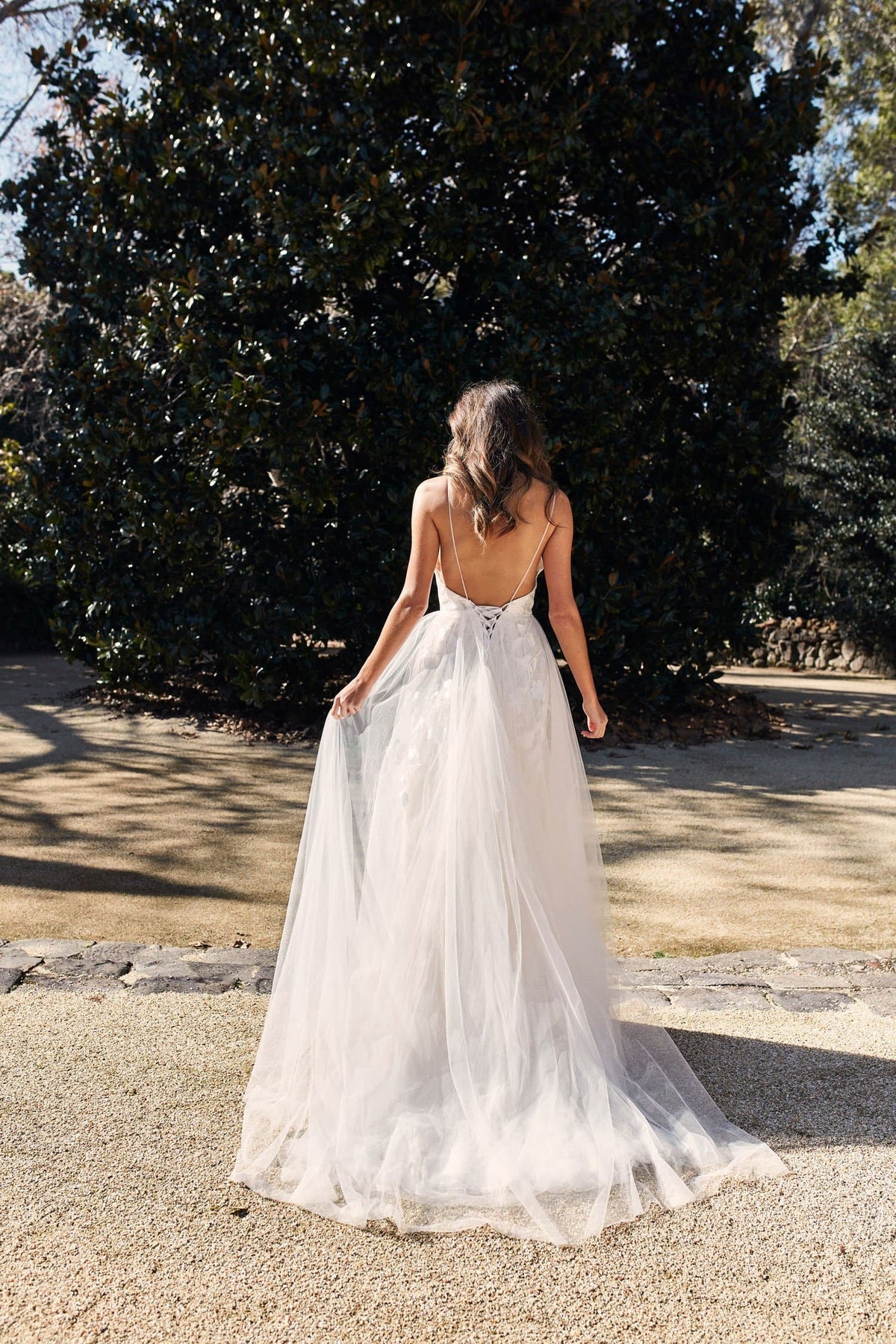 tulle dress with plunge neckline and open back Romantic Lace and Tulle A-Line Wedding Dress with Plunging Neckline