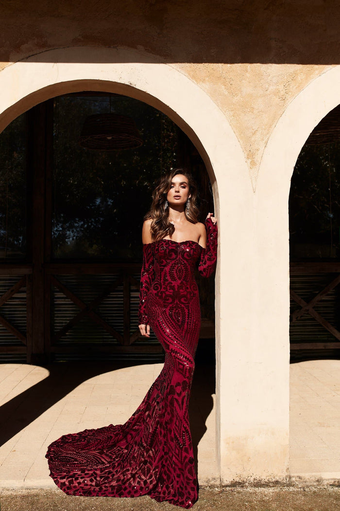 A&N Boutique Custom Isidora Sequin Gown - Burgundy Isidora - Burgundy Sequin Gown with Long Sleeves