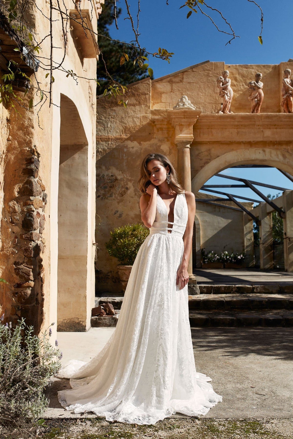 A&N Talia - White Lace Gown with Plunge V Neck and Low Back A&N Luxe Label A&N Talia - White Lace Gown with Plunge V Neck and Low Back A&N Luxe Label
