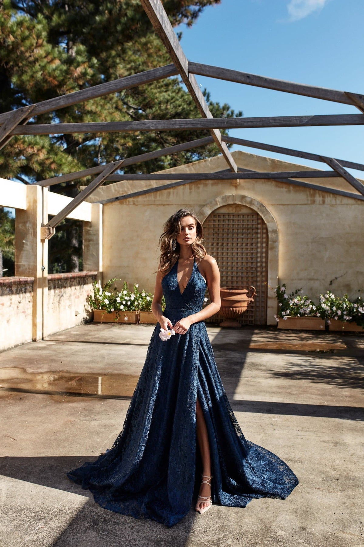 Frida - Navy Lace Gown with Plunging Neckline and Low Back A&N Luxe Label Frida - Navy Lace Gown with Plunging Neckline and Low Back A&N Luxe Label