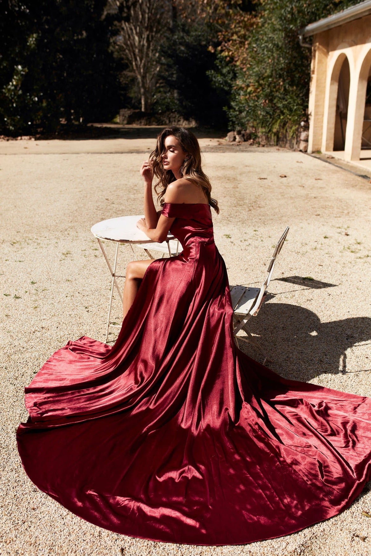 A&N Luciana - Burgundy Satin Gown with Off-Shoulder Straps and Slit A&N Luxe Label A&N Luciana - Burgundy Satin Gown with Off-Shoulder Straps and Slit A&N Luxe Label