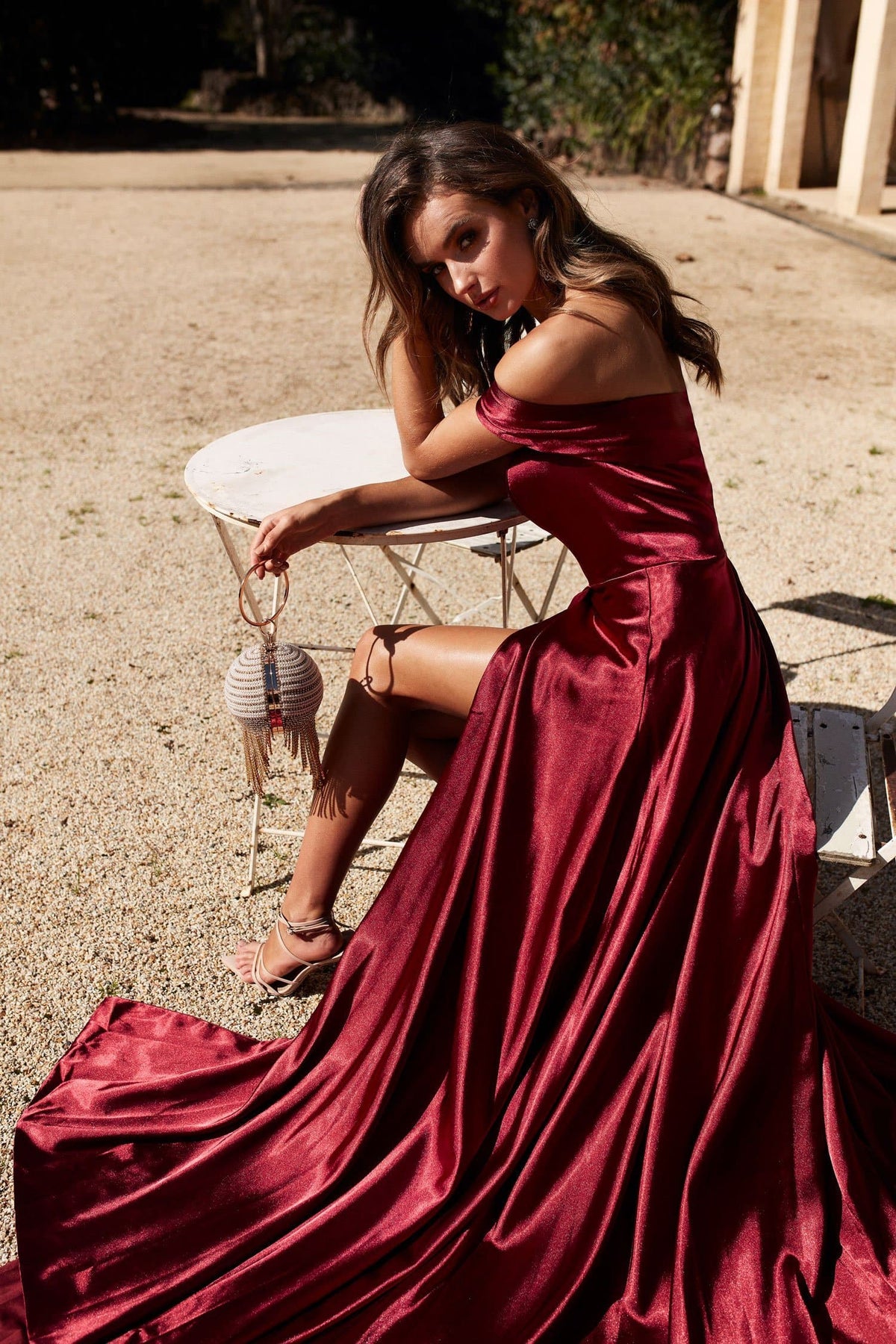 A&N Luciana - Burgundy Satin Gown with Off-Shoulder Straps and Slit A&N Luciana - Burgundy Satin Gown with Off-Shoulder Straps and Slit