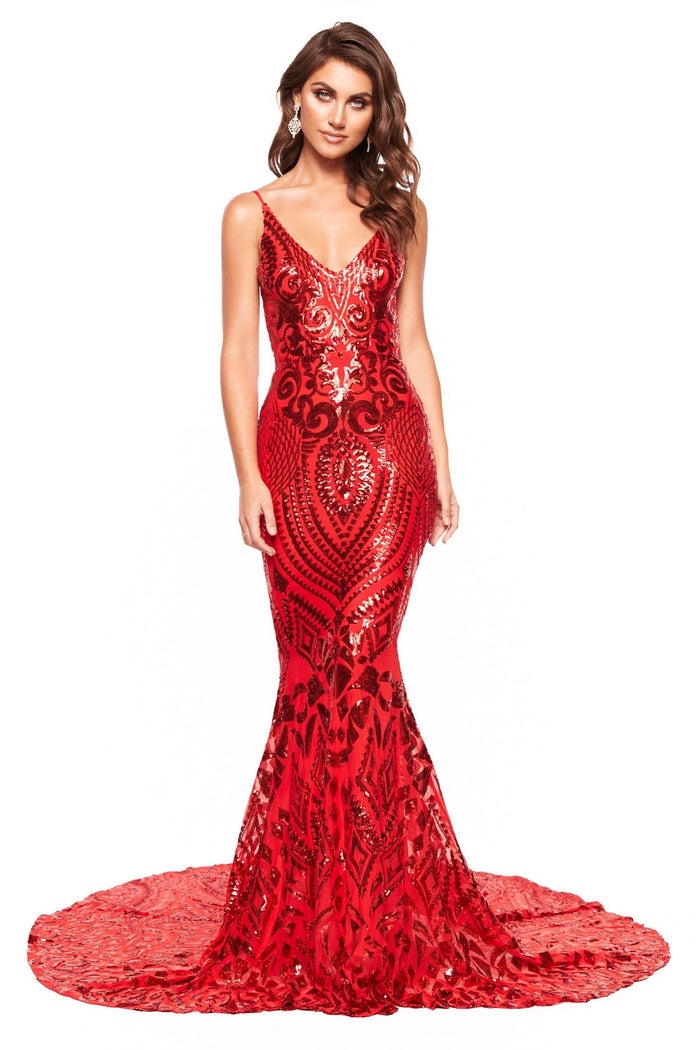 A&N Boutique Custom Mariana Sequin Gown - Red Mariana - Red Sequin Gown with Low Back, Mermaid Train & V-Neck