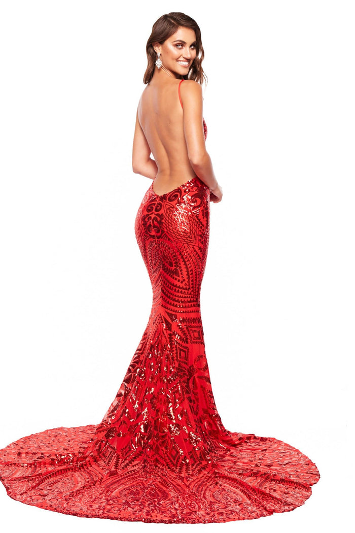 A&N Boutique Custom Mariana Sequin Gown - Red Mariana - Red Sequin Gown with Low Back, Mermaid Train & V-Neck
