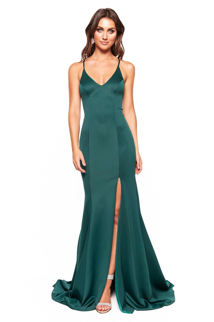 A&N Boutique Custom Emilie Ponti Gown - Emerald Emilie - Emerald Gown with V-Neck, Lace-Up Back & Side slit