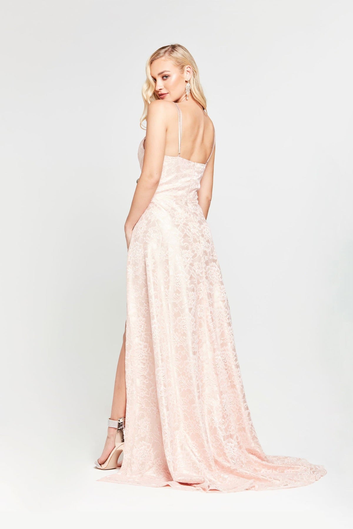 A&N Boutique Custom Sofia Lace Gown - Blush Sofia - Blush Lace Formal Gown with V Neckline and Side Slits