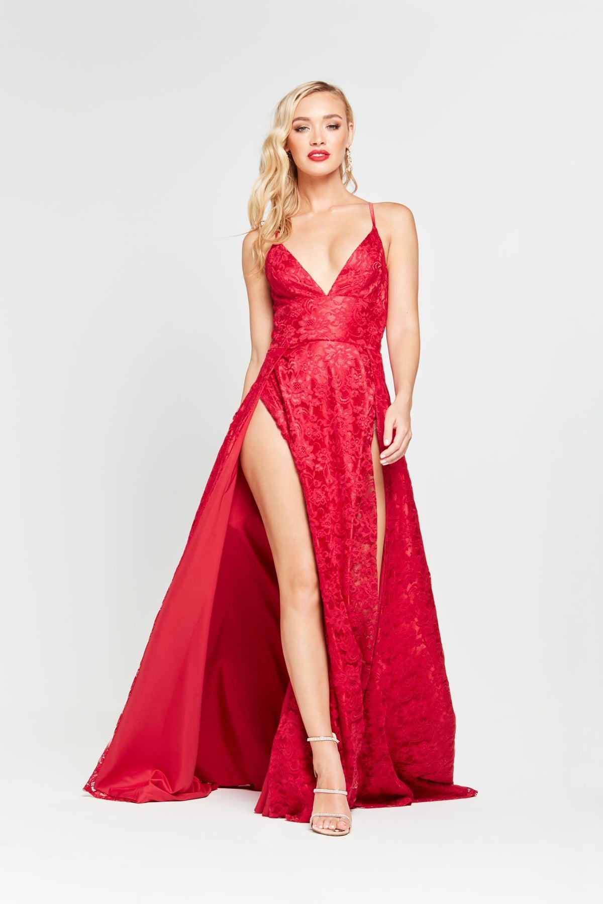 Sofia - Deep Red Lace V Neck Formal Gown with Two Slits A&N Luxe Label Sofia - Deep Red Lace V Neck Formal Gown with Two Slits A&N Luxe Label