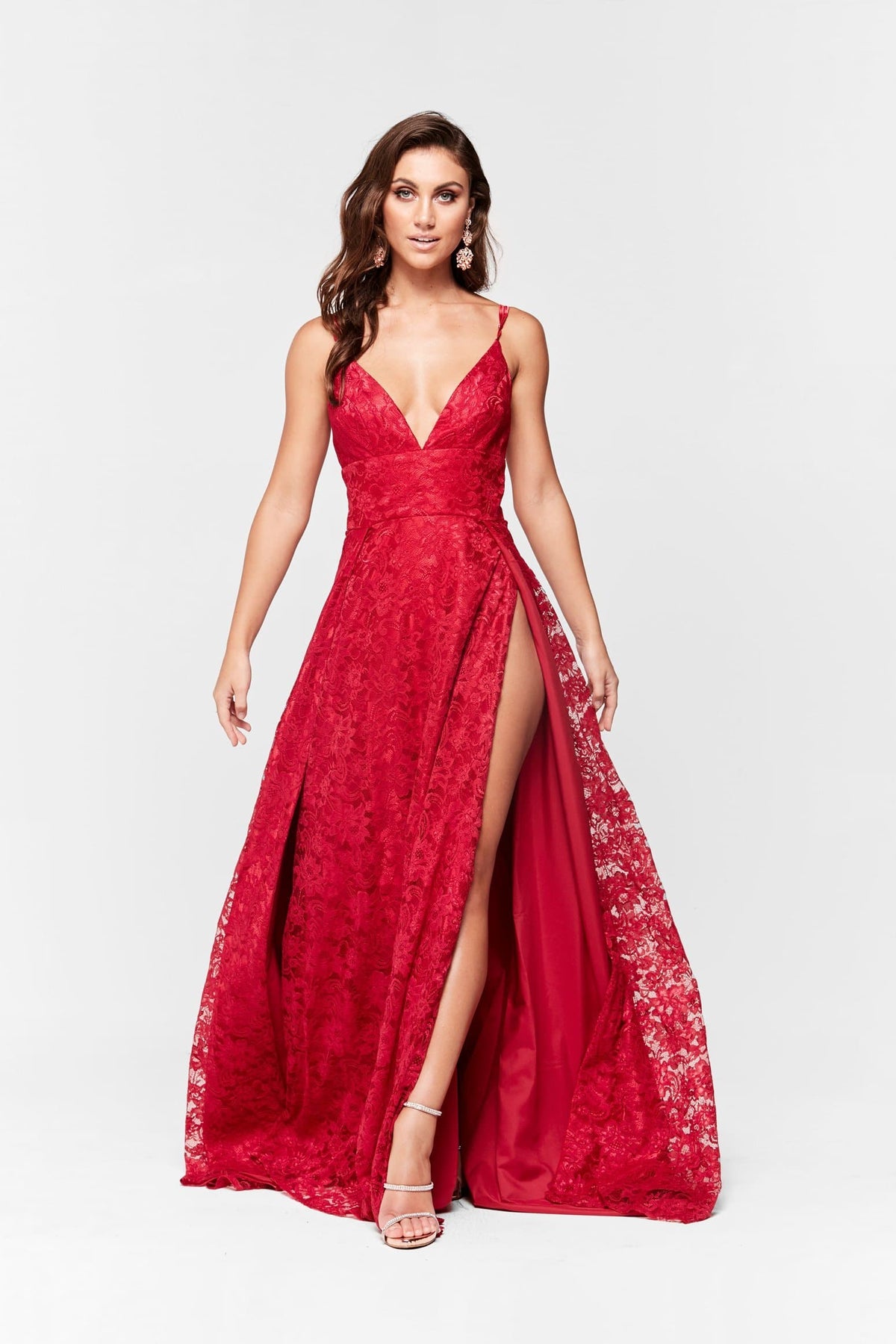 Sofia - Deep Red Lace V Neck Formal Gown with Two Slits XS Sofia - Deep Red Lace V Neck Formal Gown with Two Slits XS