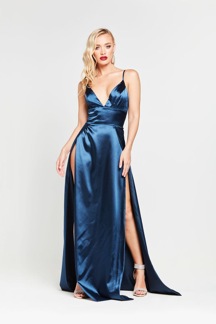 A&N Boutique Custom Tiffany Satin Gown - Navy Tiiffany - Navy Satin Gown with V Neck and Side Slit