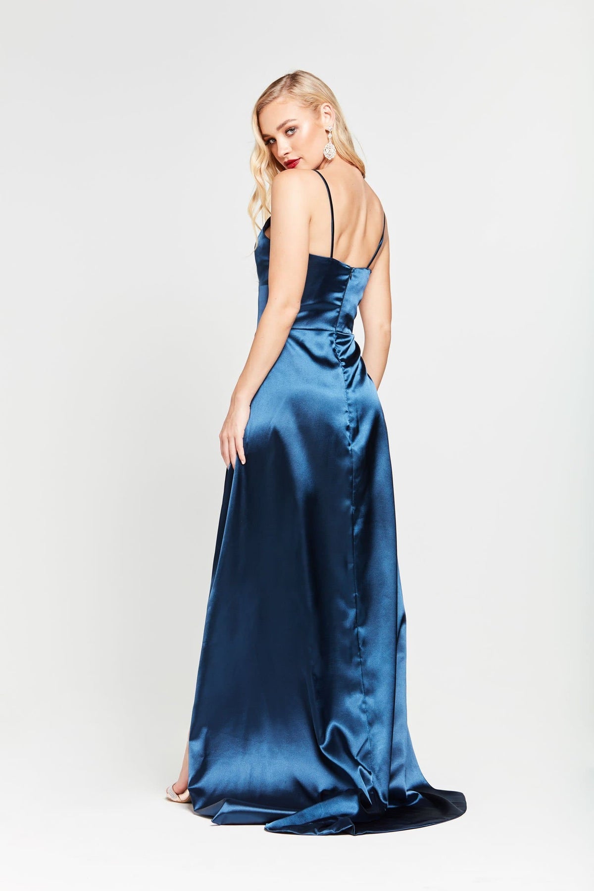 A&N Tiffany - Navy Satin Gown with V Neck and Side Slit