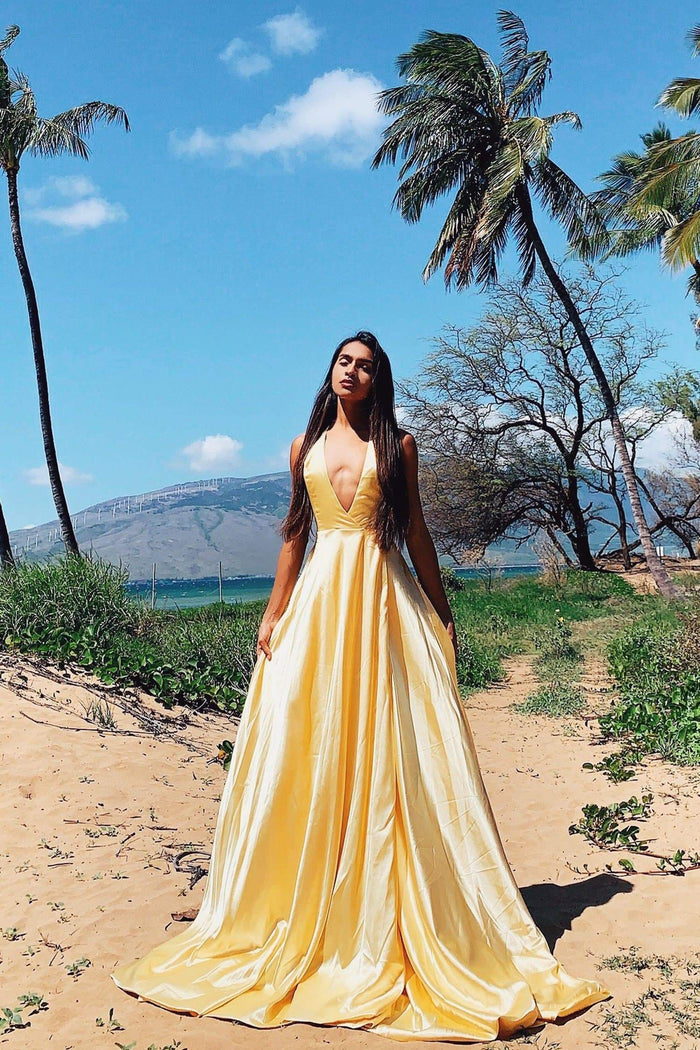 A&N Boutique Custom Amani Satin Gown - Yellow Amani - Yellow Satin A-Line Gown with Side Slit and Low Back