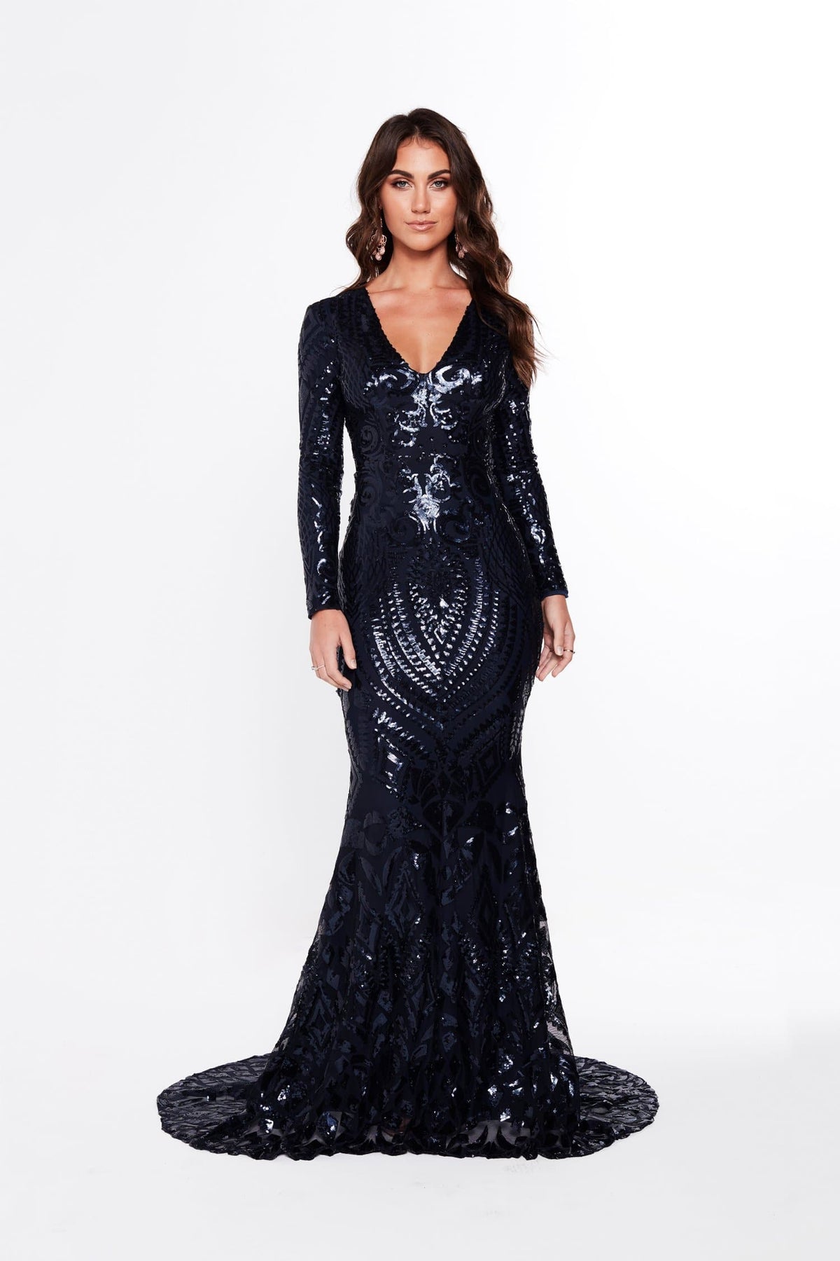A&N Julieta - Navy Sequin Gown with Long Sleeves and Mermaid Train