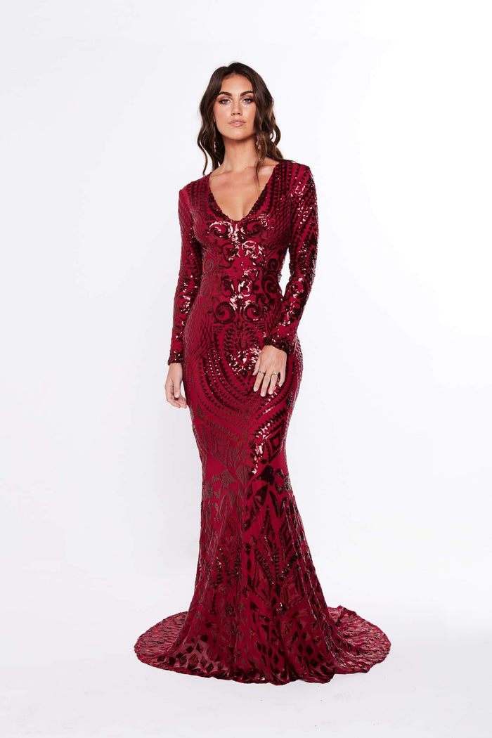 A&N Boutique Custom Julieta Sequin Gown - Burgundy Julieta - Burgundy Sequin Gown with Long Sleeves and V Neckline