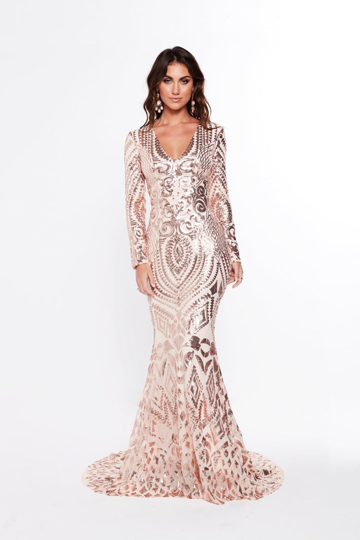 A&N Boutique Custom Julieta Sequin Gown - Rose Gold Julieta - Rose Gold Sequin Gown with Long Sleeves