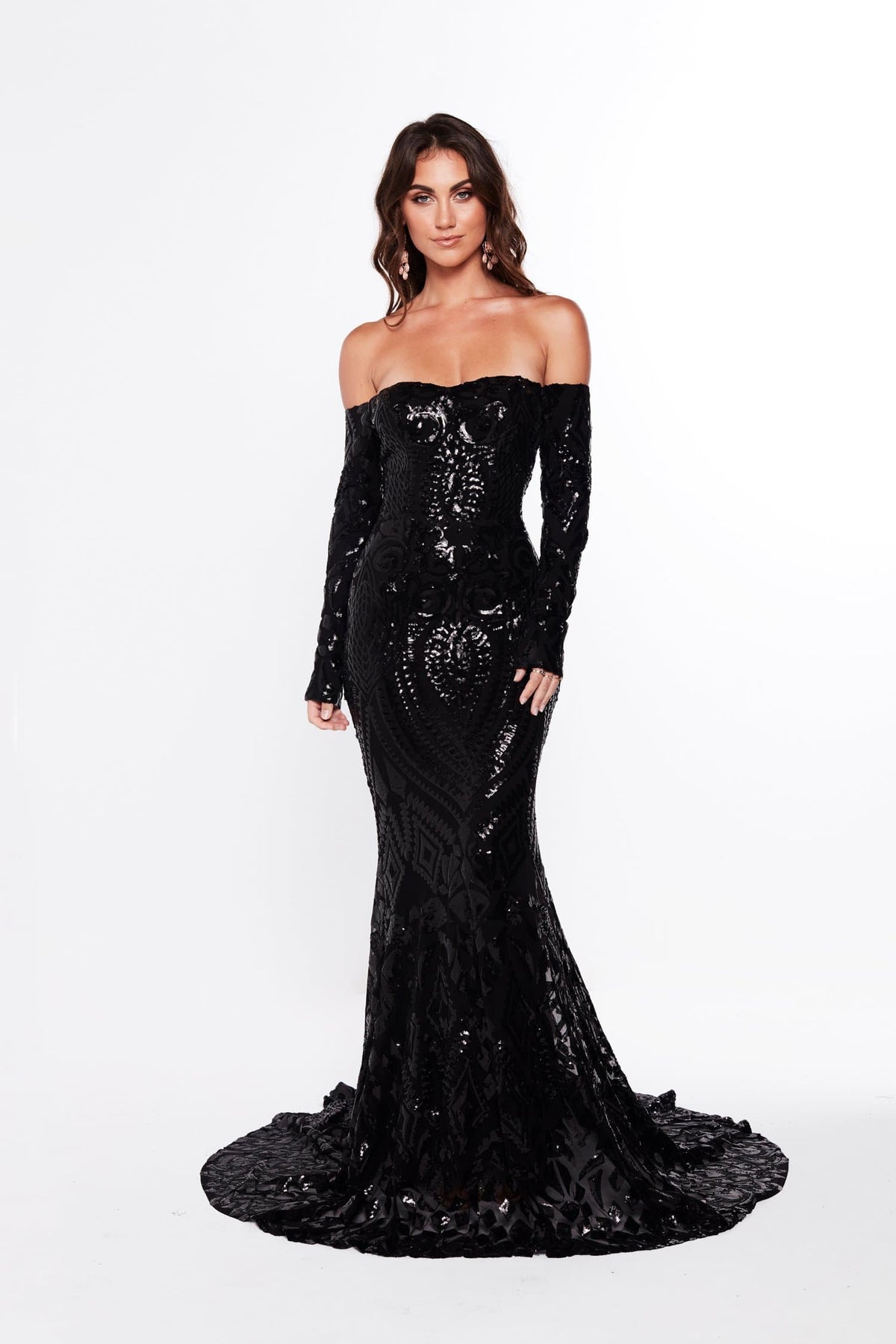Isidora - Black Sequin Gown with Long Sleeves and Mermaid Train A&N Luxe Label Isidora - Black Sequin Gown with Long Sleeves and Mermaid Train A&N Luxe Label
