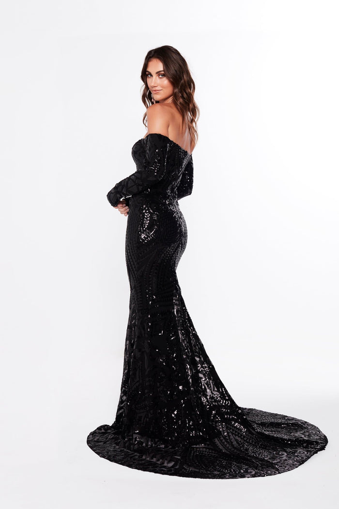 A&N Boutique Custom Isidora Sequin Gown - Black Isidora - Black Sequin Gown with Long Sleeves and Mermaid Train