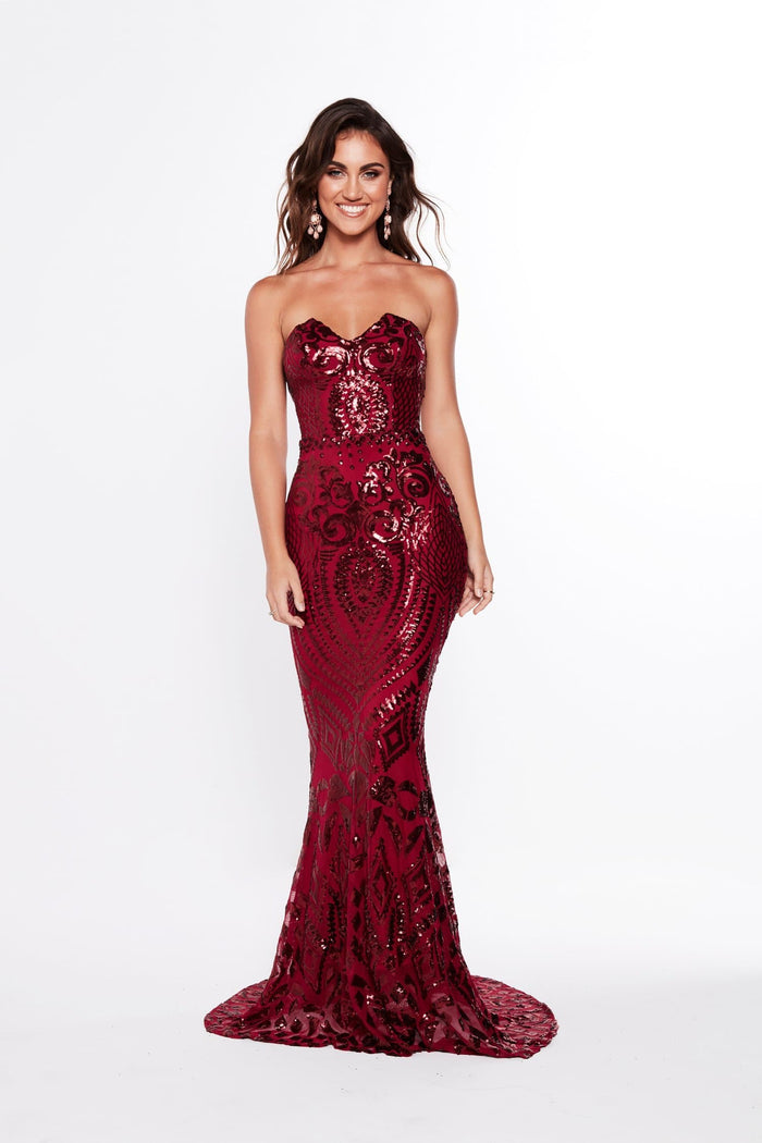A&N Boutique Custom Valery Sequin Gown - Burgundy Valery - Burgundy Sequin Gown with Mermaid Train