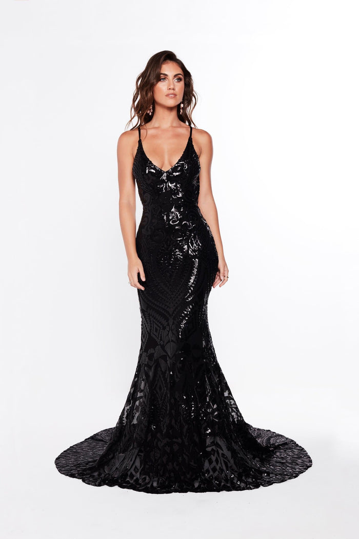 A&N Boutique Custom Mariana Sequin Gown - Black Mariana - Black Sequin Gown with Low Back