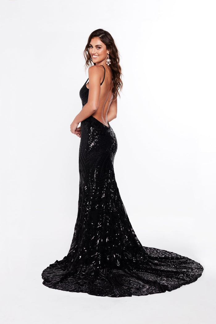 A&N Boutique Custom Mariana Sequin Gown - Black Mariana - Black Sequin Gown with Low Back